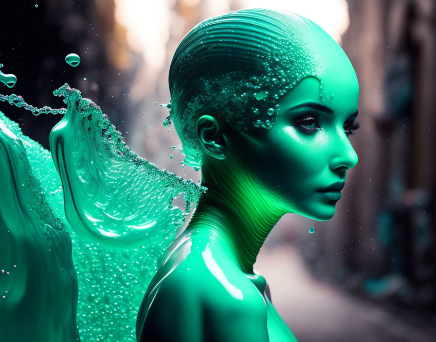 Green-Tinted Futuristic Humanoid in Urban Setting with Water Splash