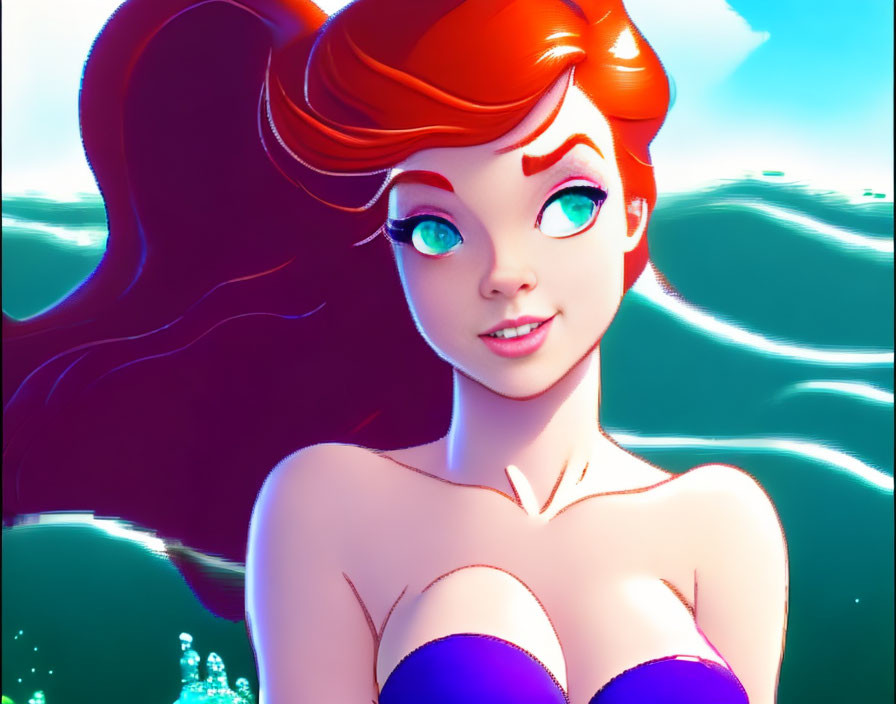 Red-Haired Mermaid with Green Eyes in Ocean Scene