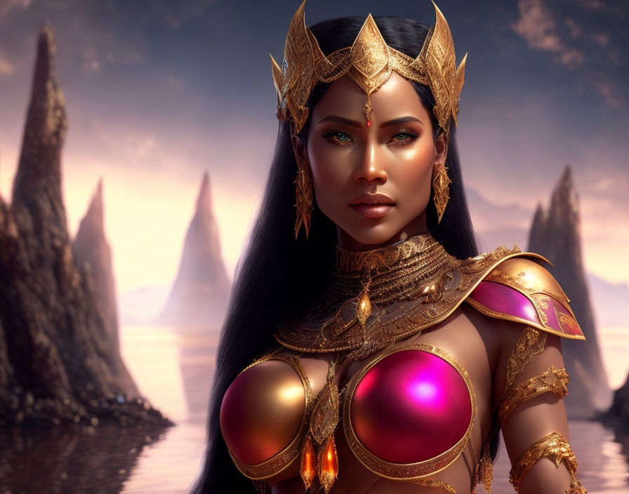 Female Warrior in Golden Armor and Crown Against Mountain Peaks at Sunset