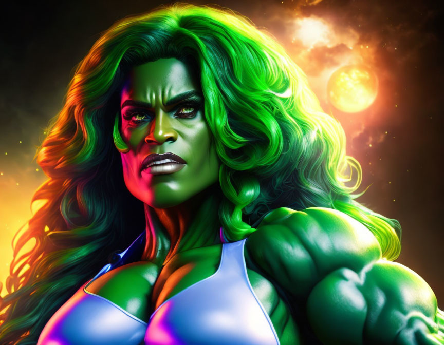 Green-skinned female superhero illustration in interstellar setting