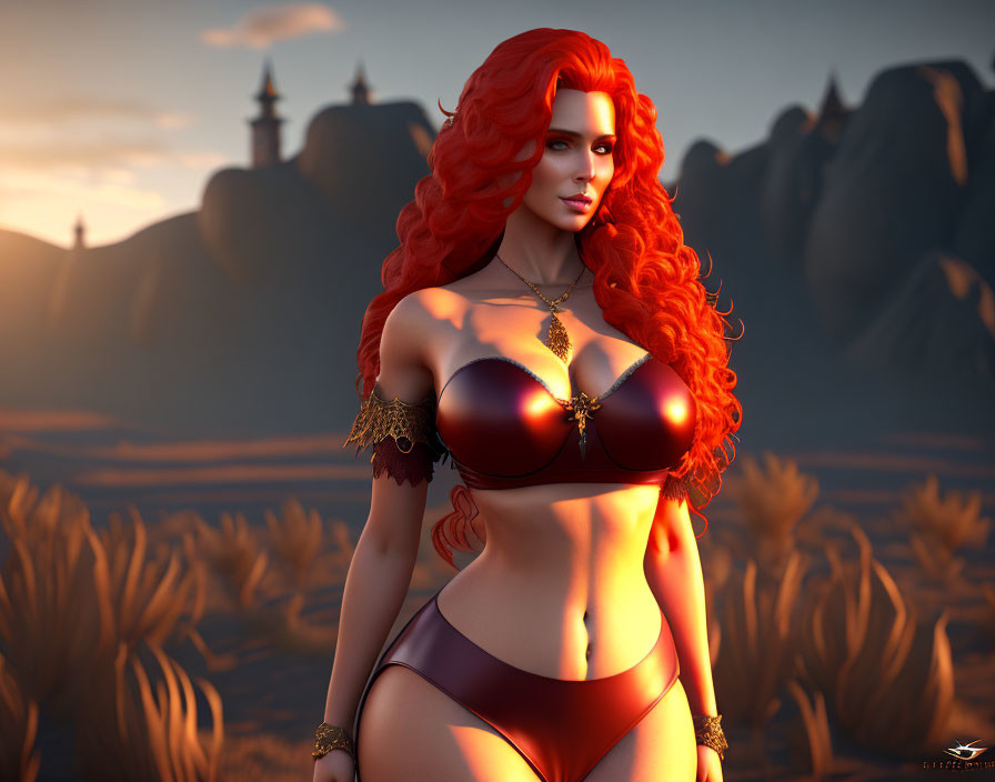 Vibrant red-haired woman in fantasy attire in sunset field with mountains