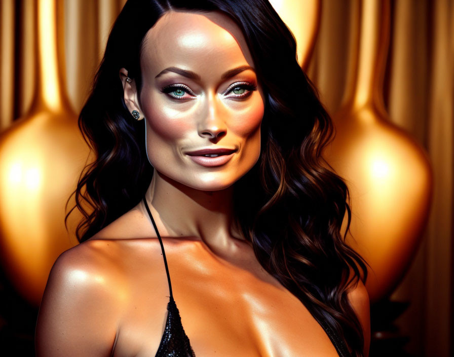 Realistic Female Mannequin with Wavy Hair and Makeup on Golden Curtain Backdrop