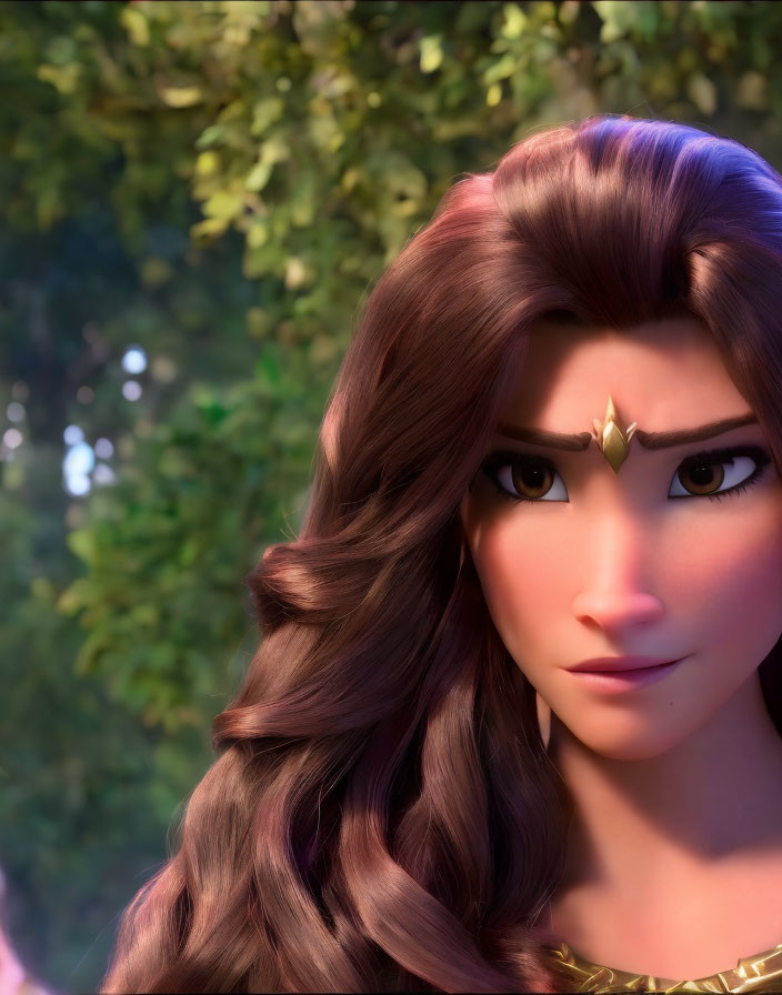 Animated female character with long wavy brown hair and golden tiara in close-up.