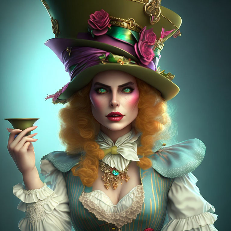 Colorful woman with orange hair, green hat, and teacup