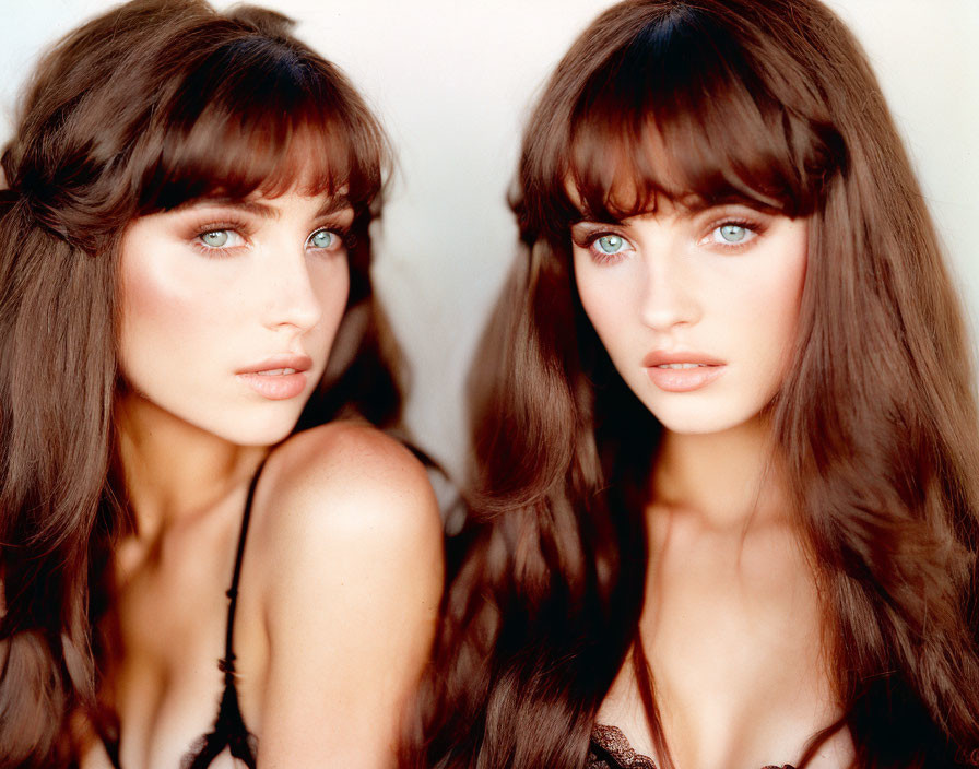 Two Women with Long Brown Hair and Striking Blue Eyes Posing Together