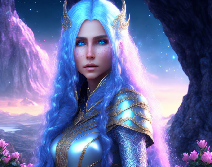 Fantasy female character with blue hair and ornate armor in mystical twilight landscape