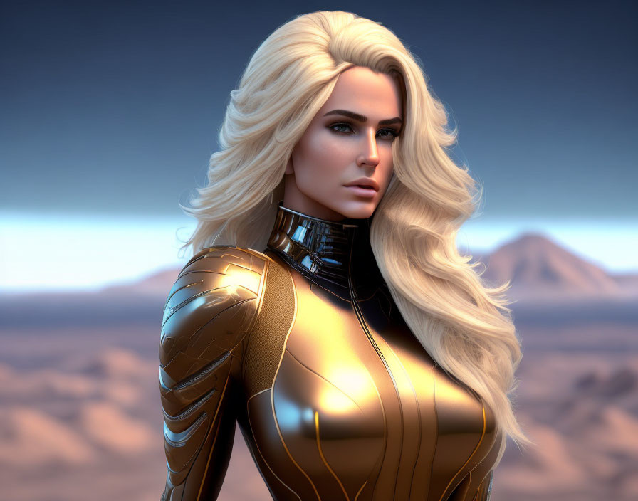 Blonde woman in futuristic gold and black armor suit in desert landscape