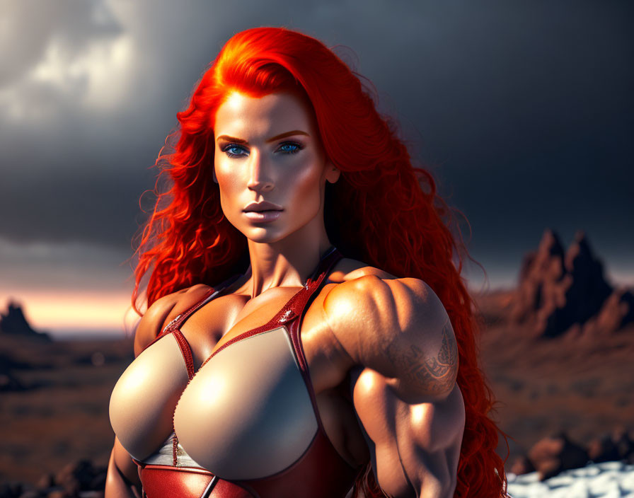 Muscular red-haired female in futuristic armor in desert landscape at sunset