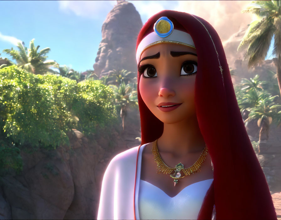 3D-animated character with brown eyes, red headscarf, white garment, and gold necklace