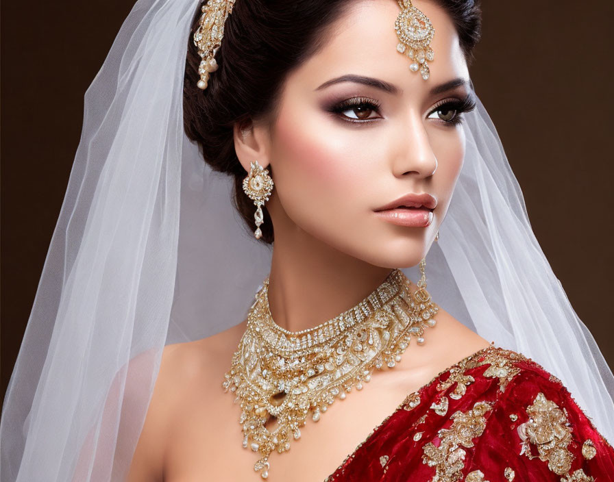 Elaborate bridal makeup and jewelry with gold pieces, headpiece, red attire, and white veil