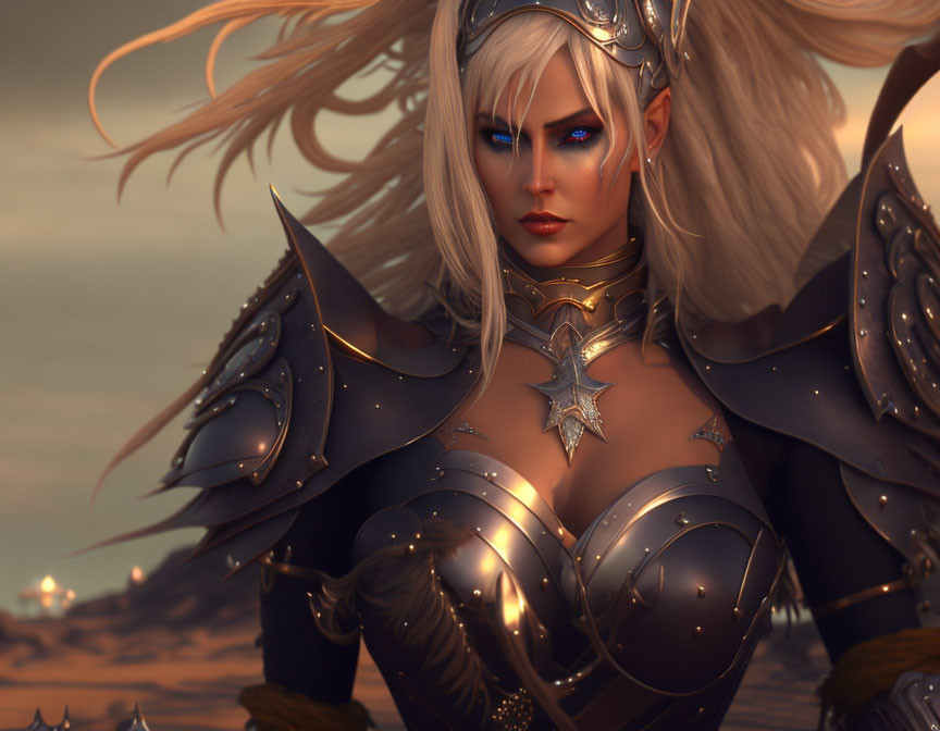 Blonde Female Warrior in Dark Armor with Blue Eyes