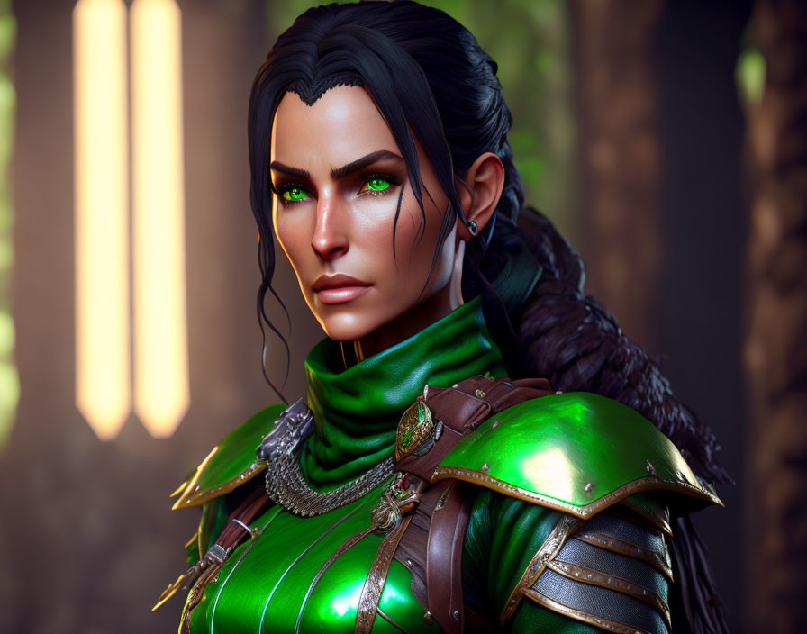 Fantasy female warrior digital artwork with green eyes and black hair