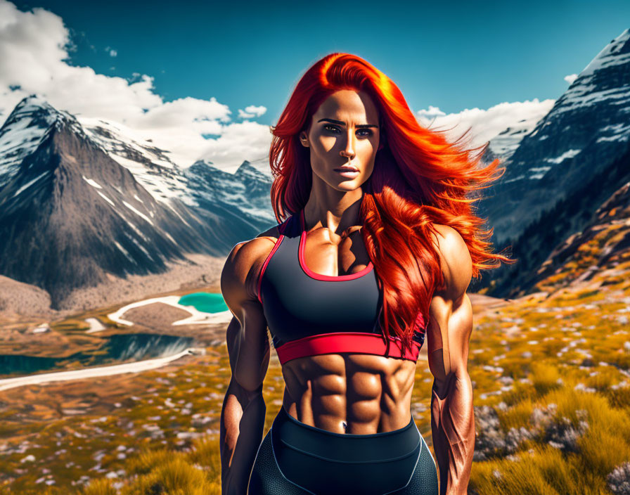 Red-Haired Muscular Woman in Athletic Wear Poses in Mountain Valley