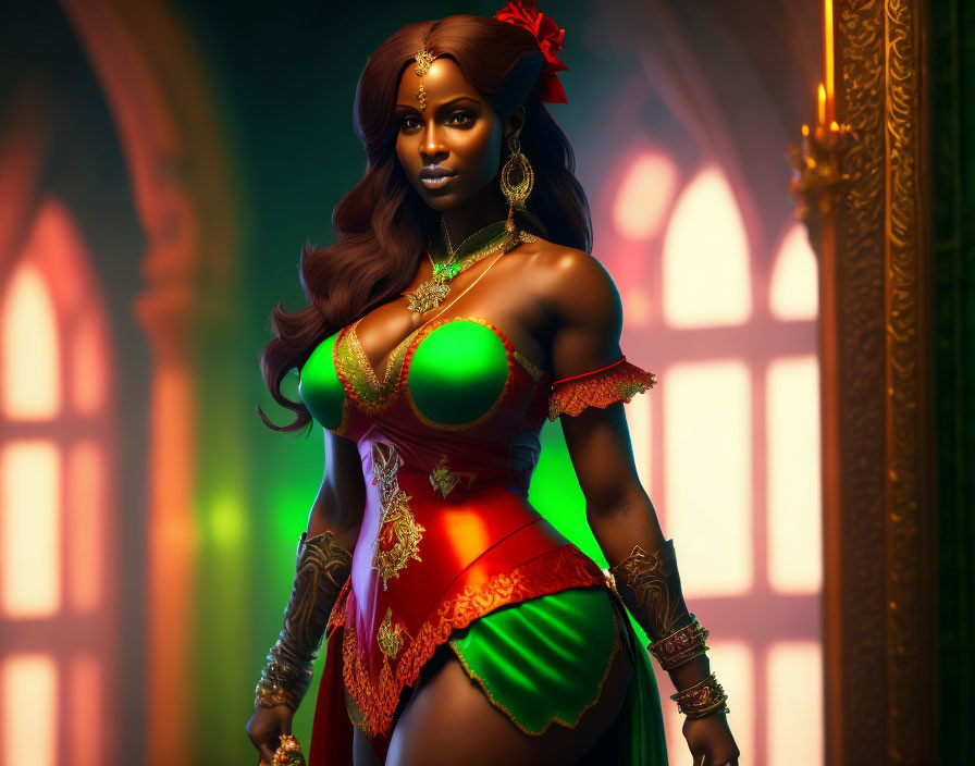 Dark-skinned woman in green and red outfit in atmospheric room