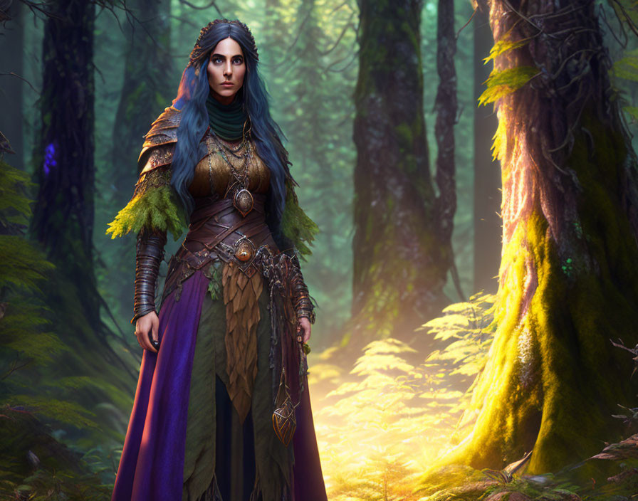 Fantasy character with blue hair in ornate armor and purple cloak in mystical forest