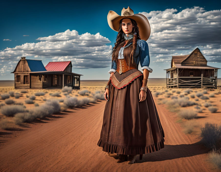 Cowboy hat woman in Western attire on dusty road with old buildings.