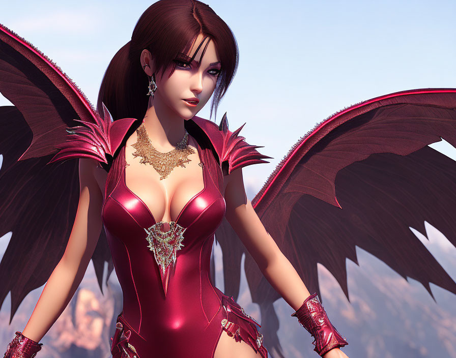 Stylized female character with dark angel wings in red outfit and gold jewelry against mountain backdrop.