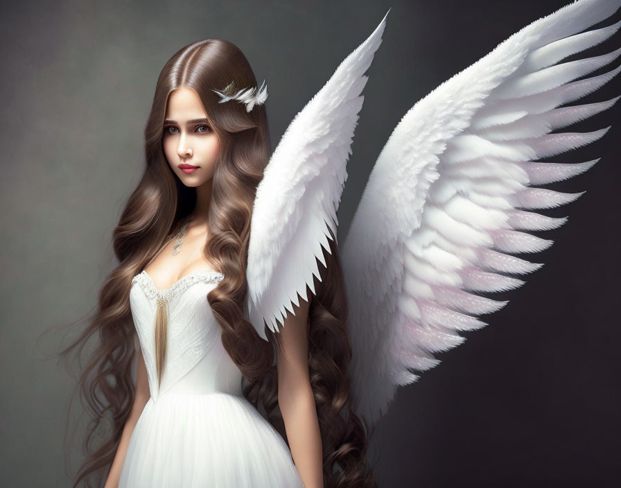 Long-haired woman with angel wings in white dress on grey background