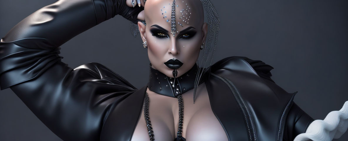 Bald person with dramatic makeup and jewels in high-collared black outfit