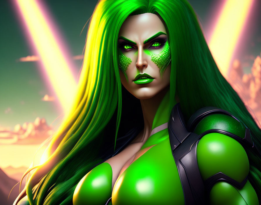 Green-skinned female character with glowing eyes in black and green costume against light beam backdrop.