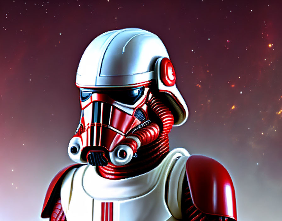 Stormtrooper helmet with red accents in space background