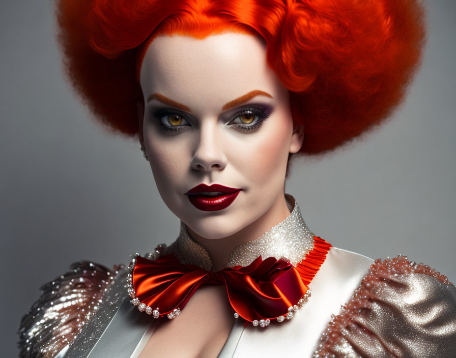 Vibrant woman with red hair, dramatic makeup, ornate outfit, and pearl accents