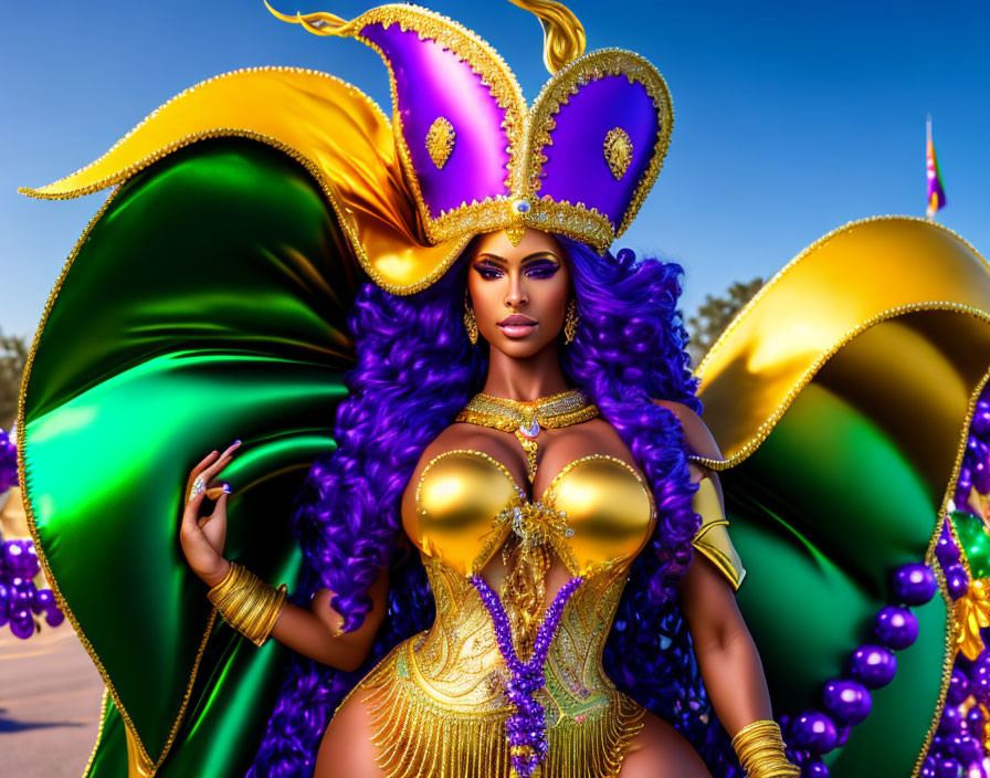 Colorful Mardi Gras costume with feathered headdress, corset, and purple hair under