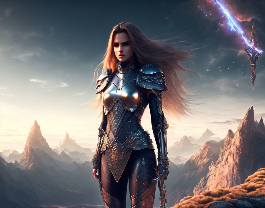 Fantasy warrior woman in elaborate armor with magical sword against mountain backdrop