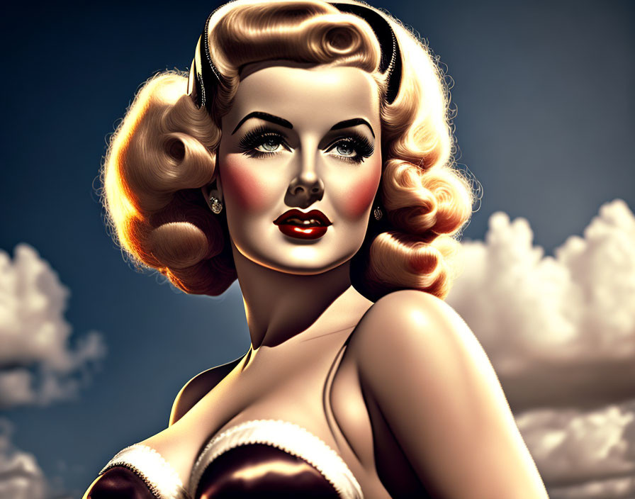 Vintage-style Woman with Blonde Hair and Red Lipstick against Cloudy Sky