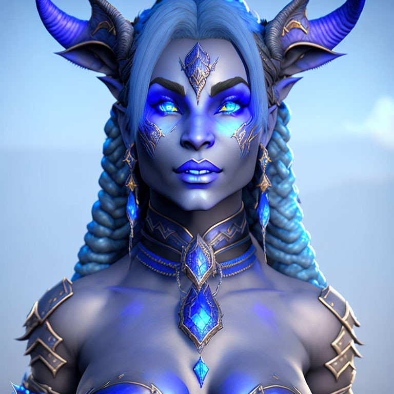 Blue-skinned fantasy character with ornate gold and blue facial markings, large curved horns, and bra