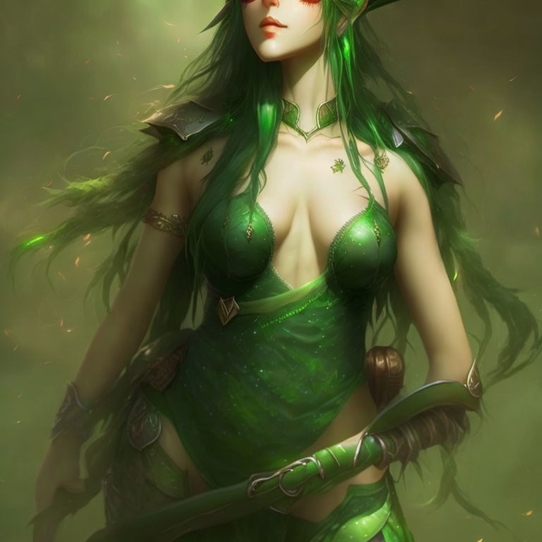 Female elf with green hair and sword in mystical forest.