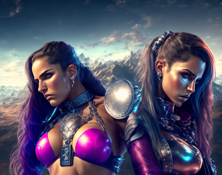 Two female warriors in futuristic armor against mountainous landscape