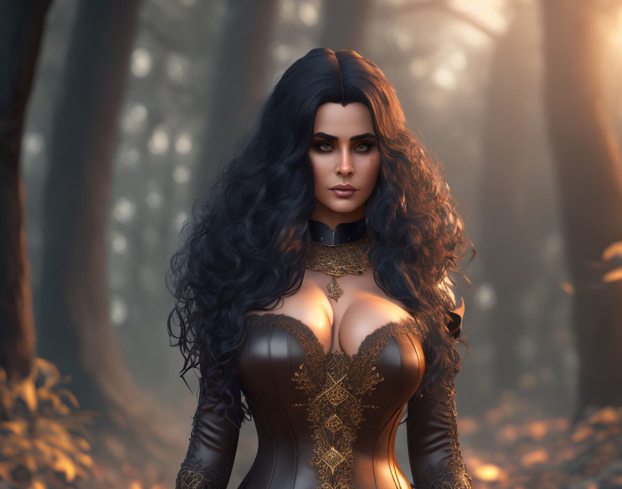 Digital artwork featuring woman with long black hair and blue eyes in a golden-detailed corset, set