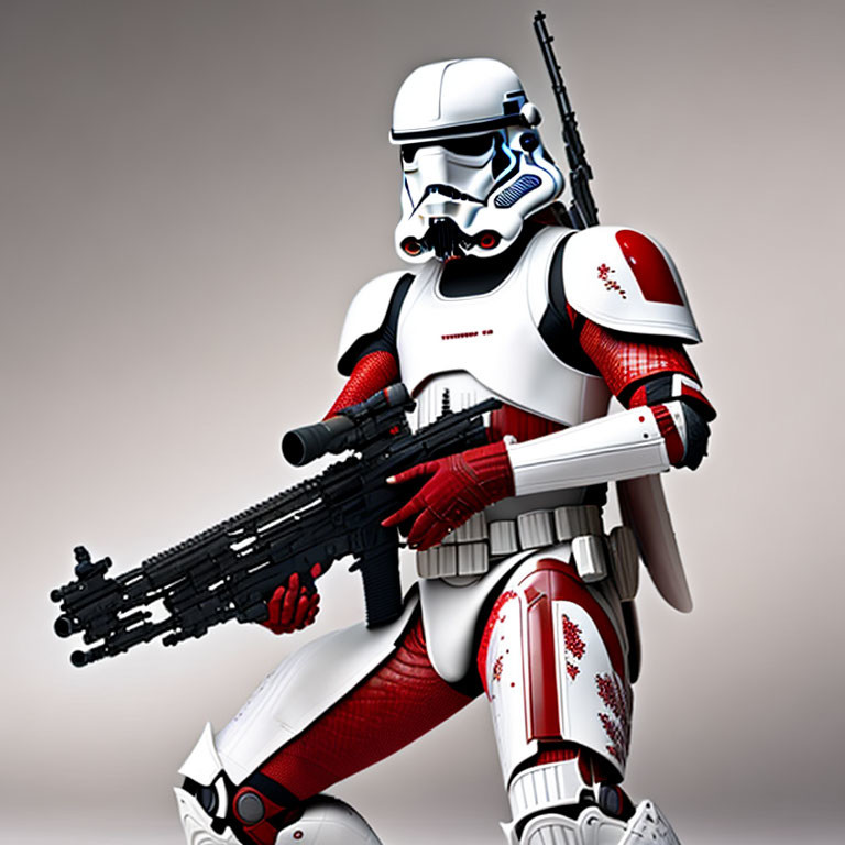 Digital artwork: Stormtrooper with red markings and blaster rifle