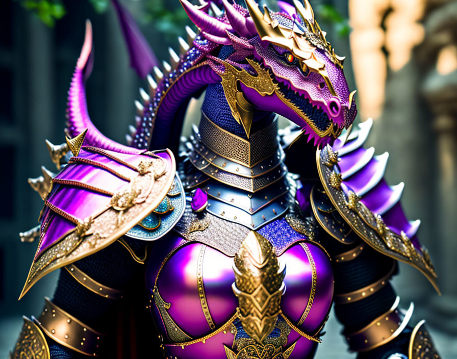 Colorful Dragon Figure in Ornate Armor with Purple Scales