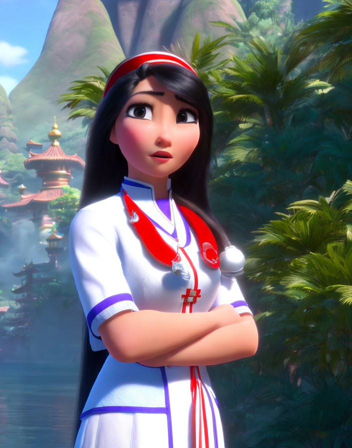 Long-haired female character in red headband and white outfit against Asian-inspired landscape.