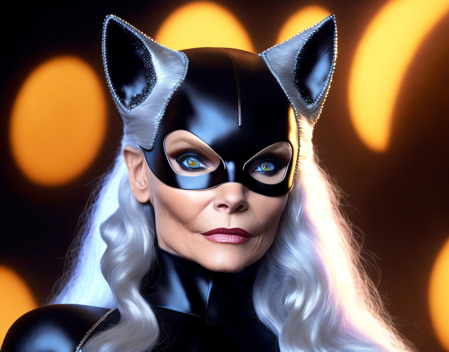 Woman in Catwoman Costume with Mask and Pointy Ears under Yellow Bokeh Lighting