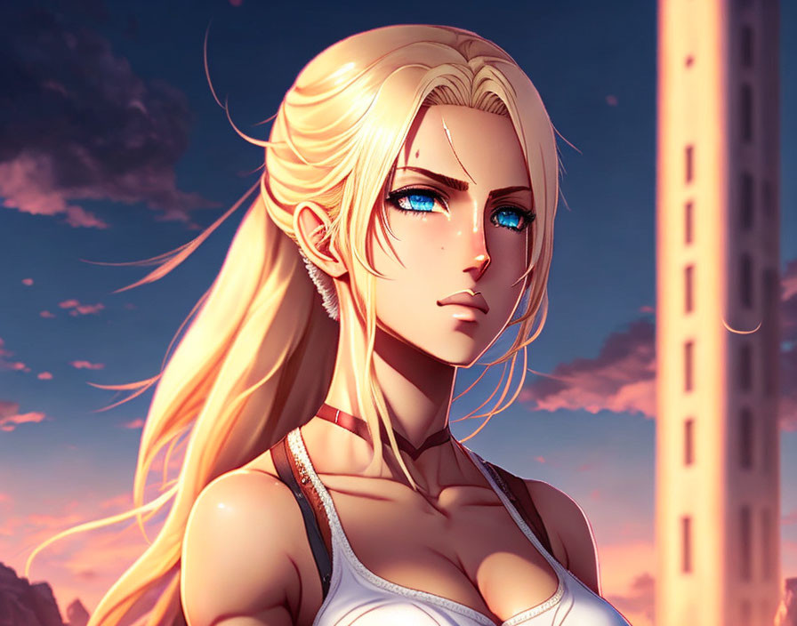 Blonde Woman with Blue Eyes and Facial Piercing in Sunset Sky