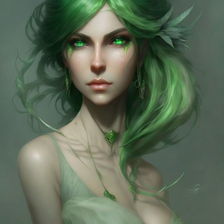 Fantasy illustration of woman with green eyes, wavy hair, leafy adornments & nature-themed