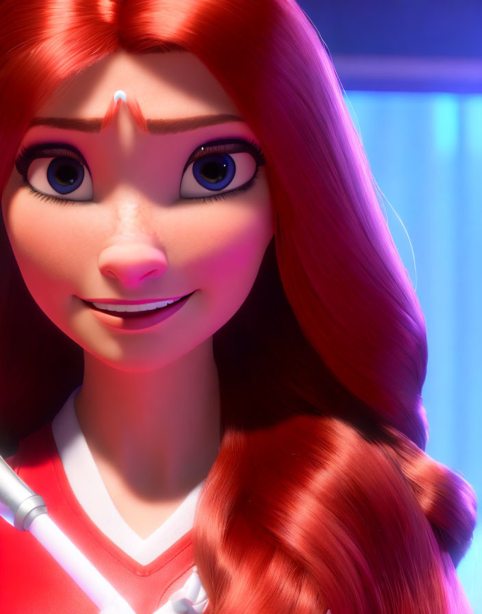 Close-up 3D animated female character with red hair and blue eyes on purple and blue background