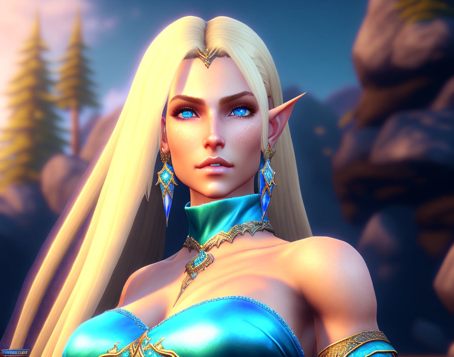 Blonde elf in blue and gold attire against forest backdrop at sunset