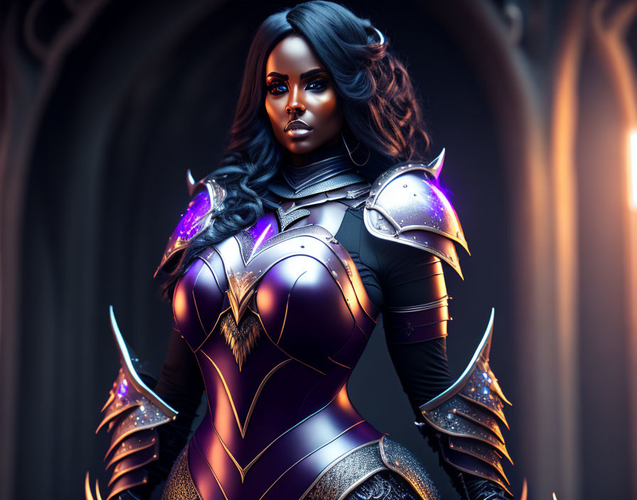 Digital Artwork: Black Woman in Fantasy Armor with Purple Accents