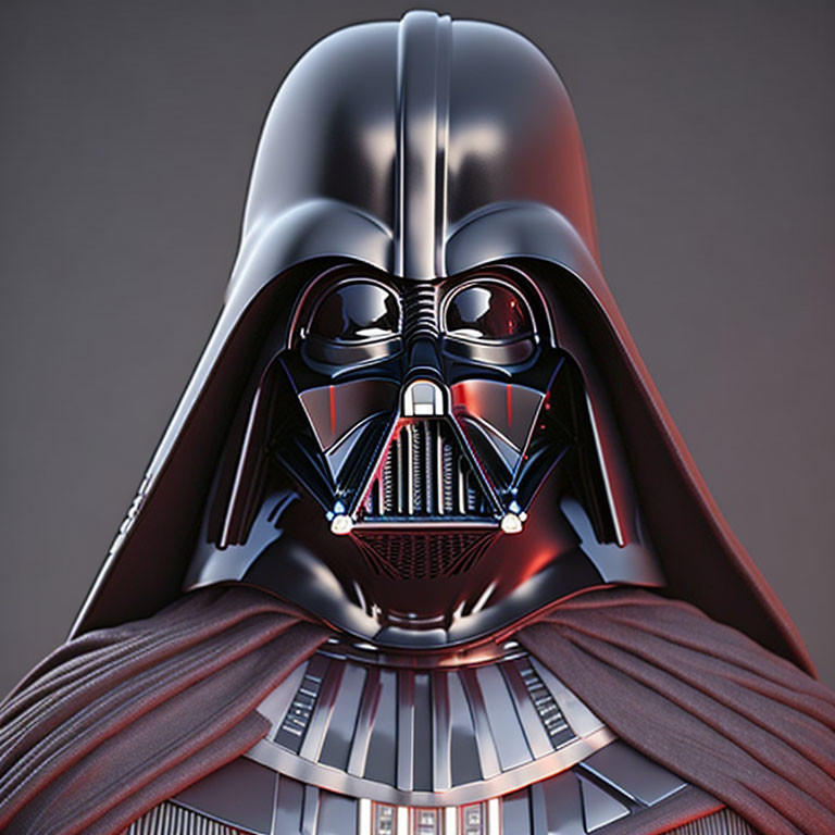 Detailed portrait of Darth Vader with glossy black helmet and mask, red and blue lights, on neutral background