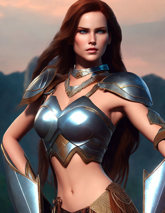 Digital illustration: Woman with long red hair in metallic fantasy armor on dusky sky backdrop