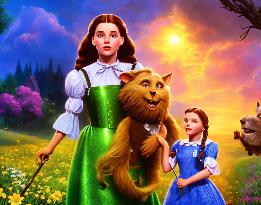 Illustration of Dorothy with Toto and lion in vibrant fantasy scene