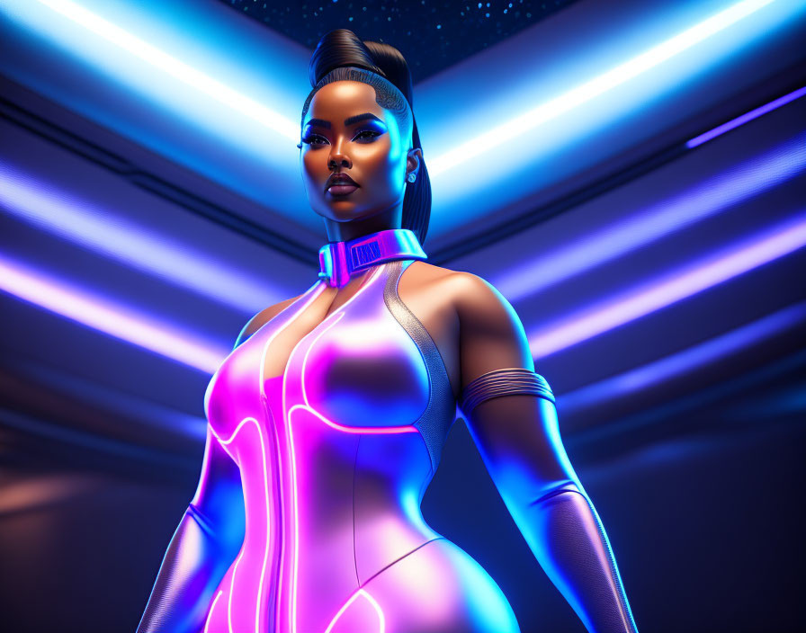 Futuristic woman in glowing pink and blue attire against starry backdrop