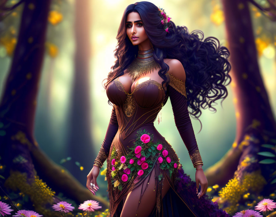 Digital artwork: Animated woman in ornate fantasy gown, standing in enchanted forest