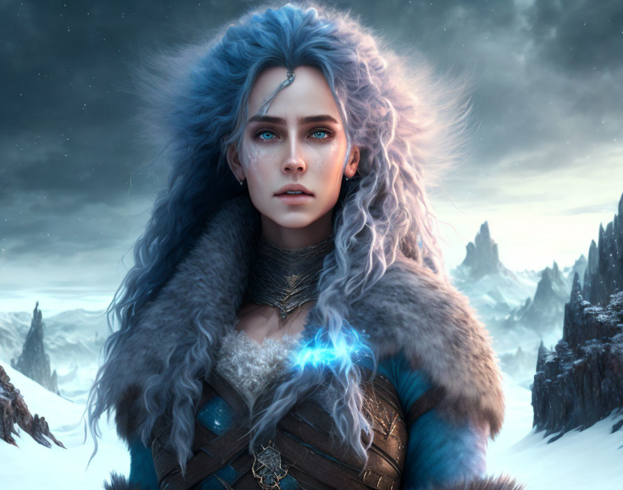 Blue-eyed woman with blue hair and fur cloak holding glowing orb against snowy mountains