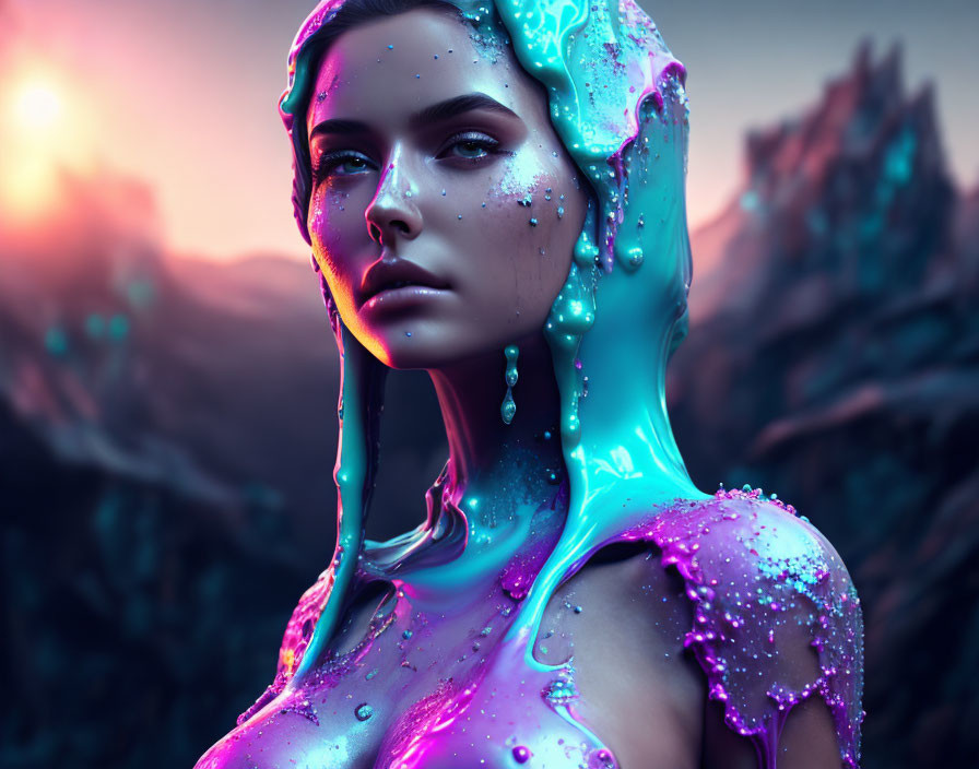 Woman with glossy liquid skin against surreal mountain backdrop and glowing sun