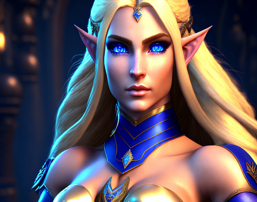 Elf with long blonde hair and blue eyes in royal attire